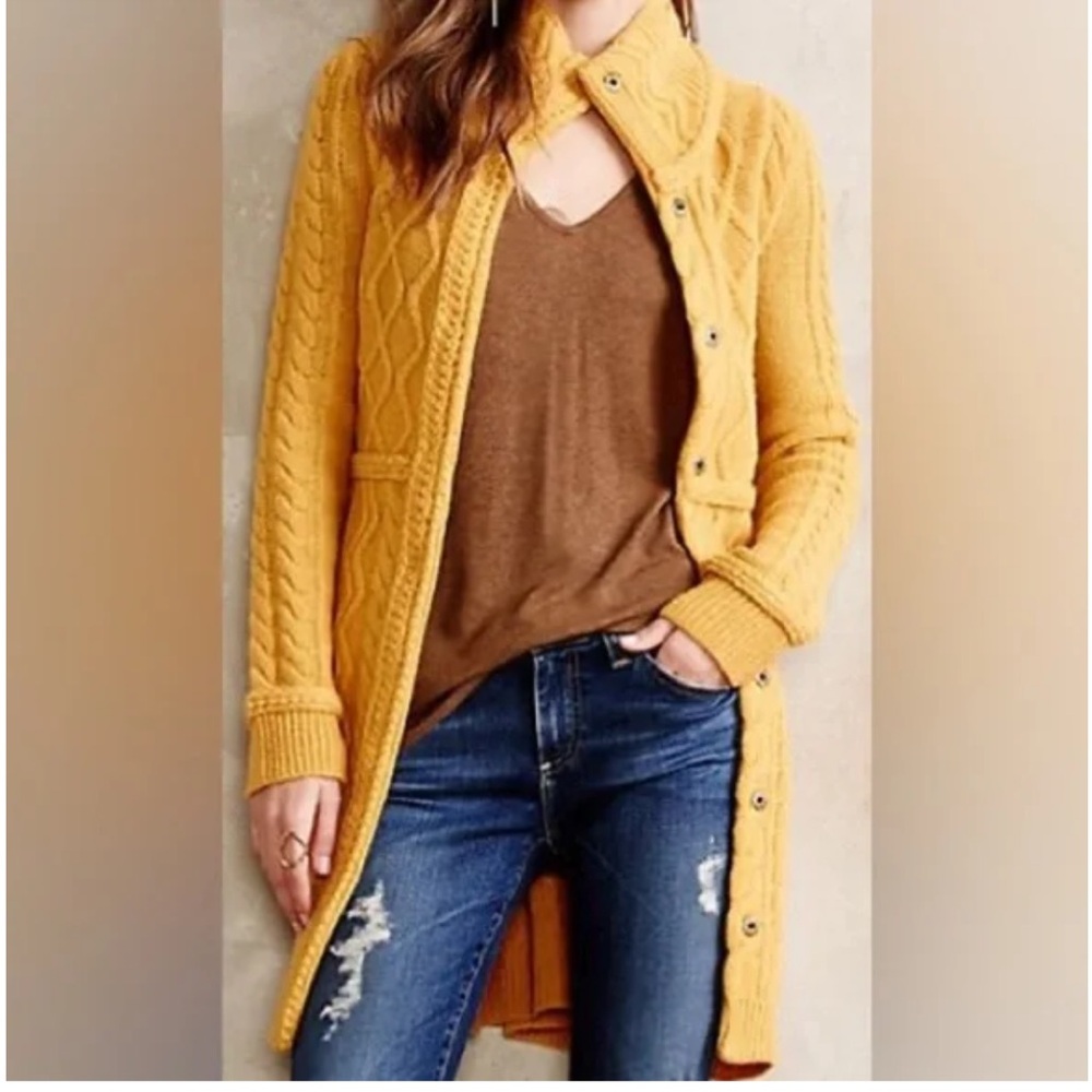 Long Cable Knit Button-Front Sweater Coat in Mustard